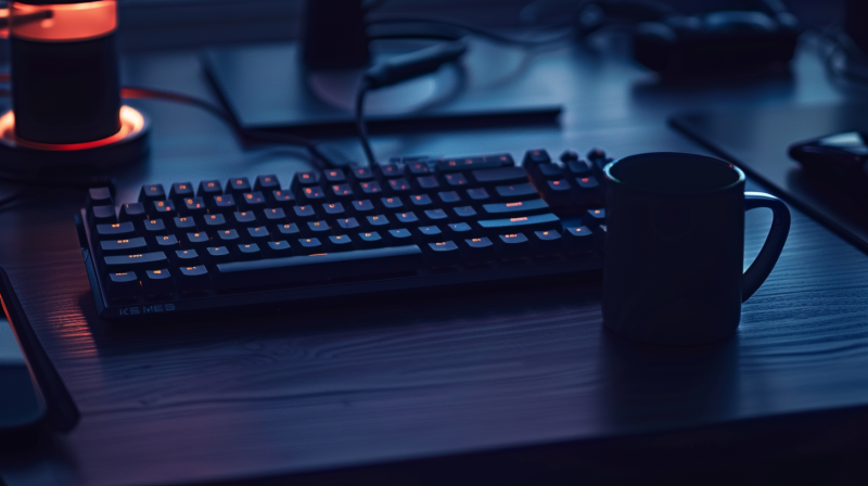 Dark workspace with keyboard and mug