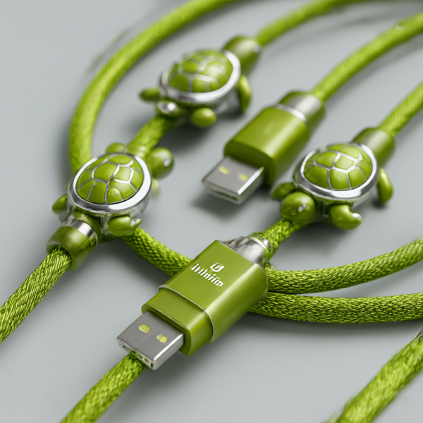 Green turtle-themed USB charging cables