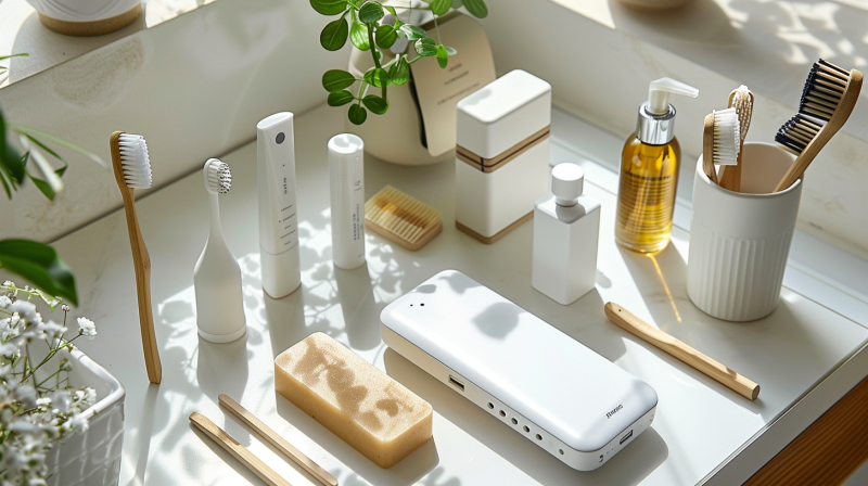 Minimalist bathroom countertop with toiletries