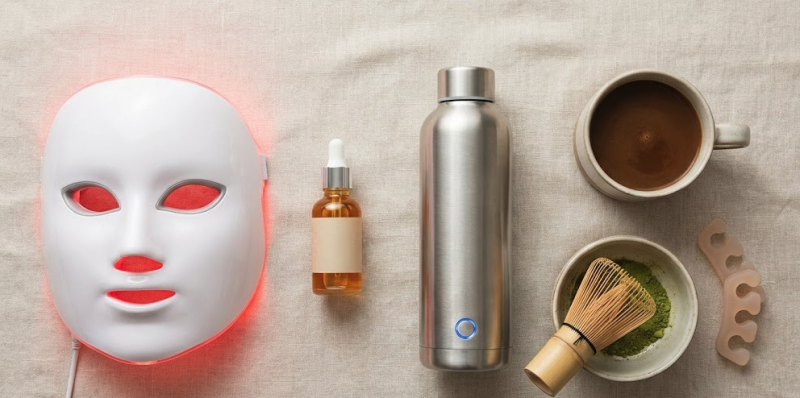 Skincare products and tea accessories displayed.