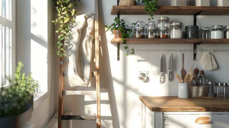 Bright kitchen with plants and shelves
