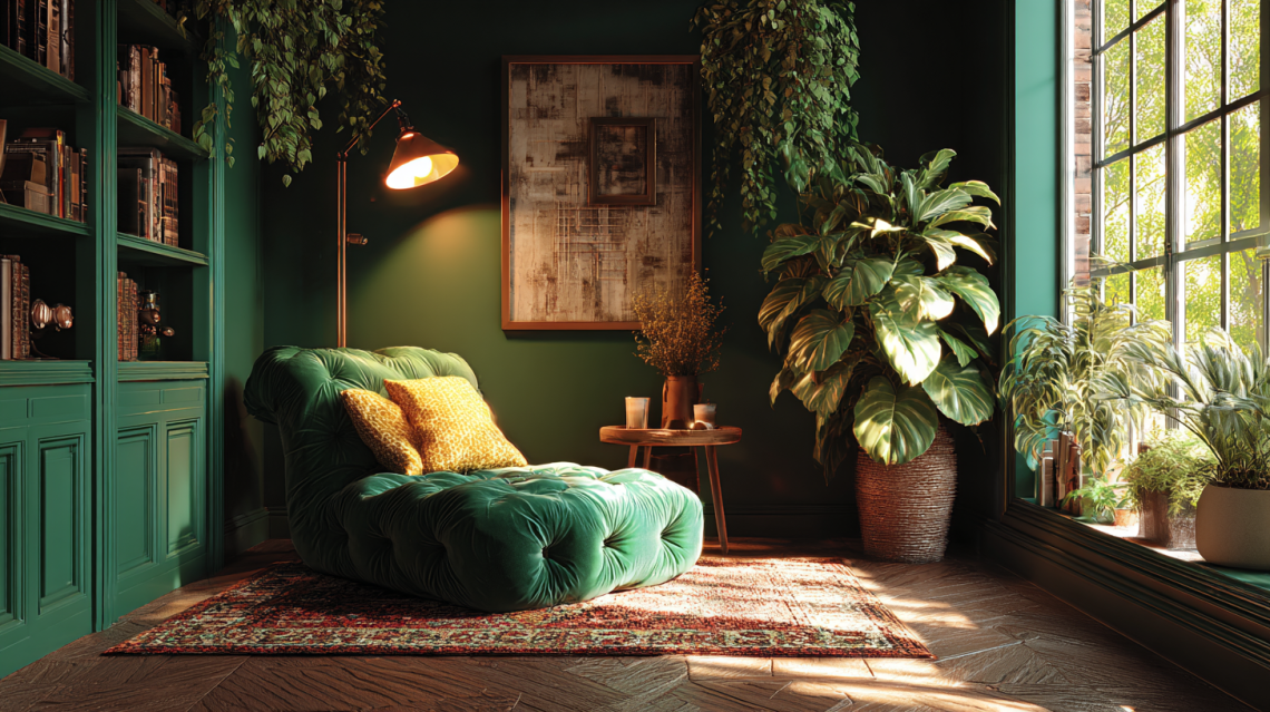 comfortable home corner with warm lighting and cozy seating