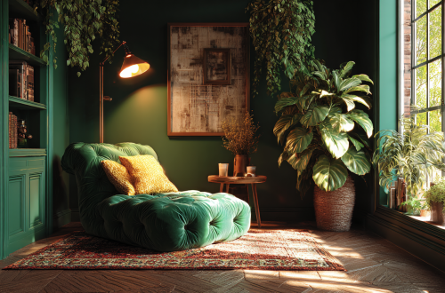 comfortable home corner with warm lighting and cozy seating