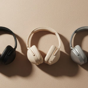Three pairs of stylish headphones displayed.
