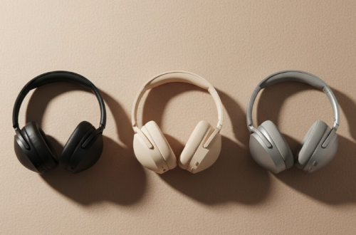 Three pairs of stylish headphones displayed.