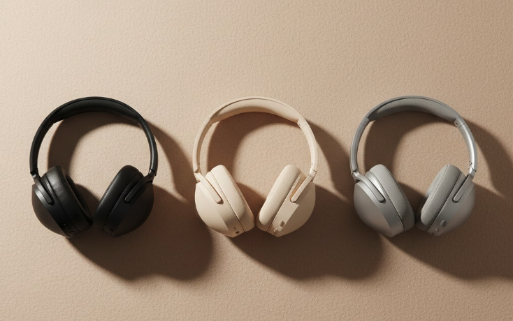 Three pairs of stylish headphones displayed.