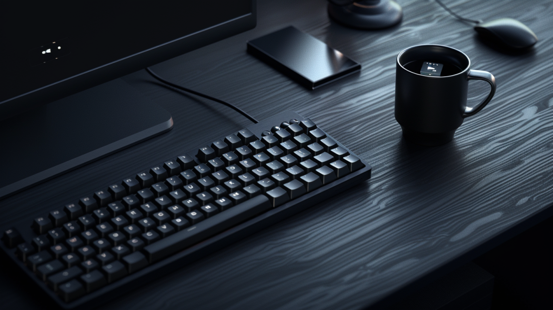 Minimalist workspace with keyboard and coffee