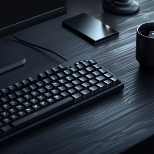 Minimalist workspace with keyboard and coffee