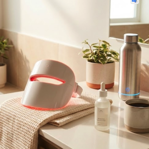 Modern bathroom with skincare products and plants.