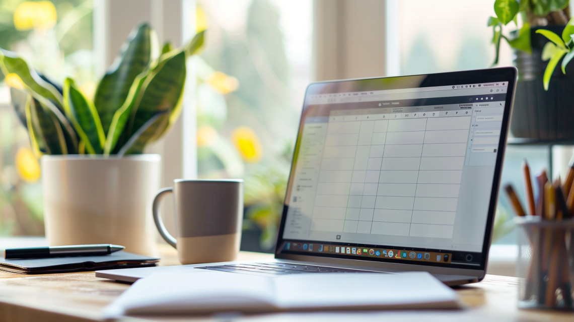 Laptop on desk with plants and coffee