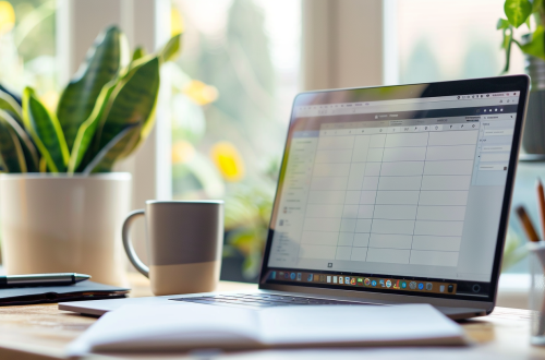 Laptop on desk with plants and coffee