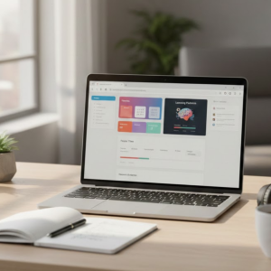Laptop on desk with plants and coffee