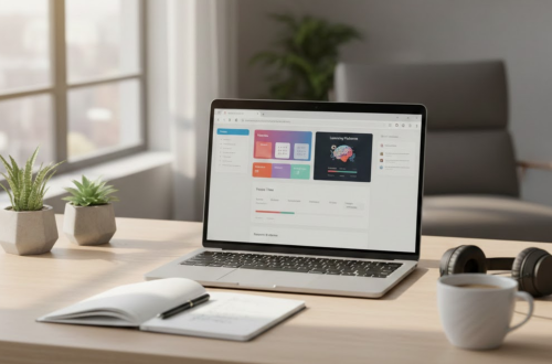 Laptop on desk with plants and coffee