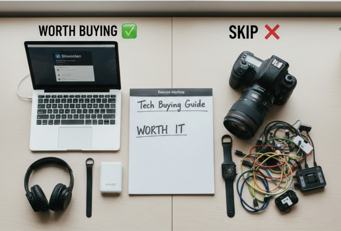 Tech buying guide with items displayed