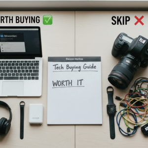 Tech buying guide with items displayed