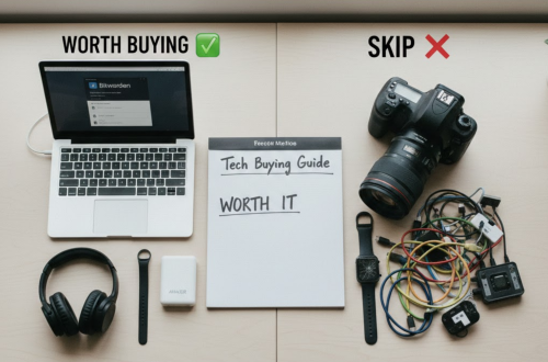 Tech buying guide with items displayed