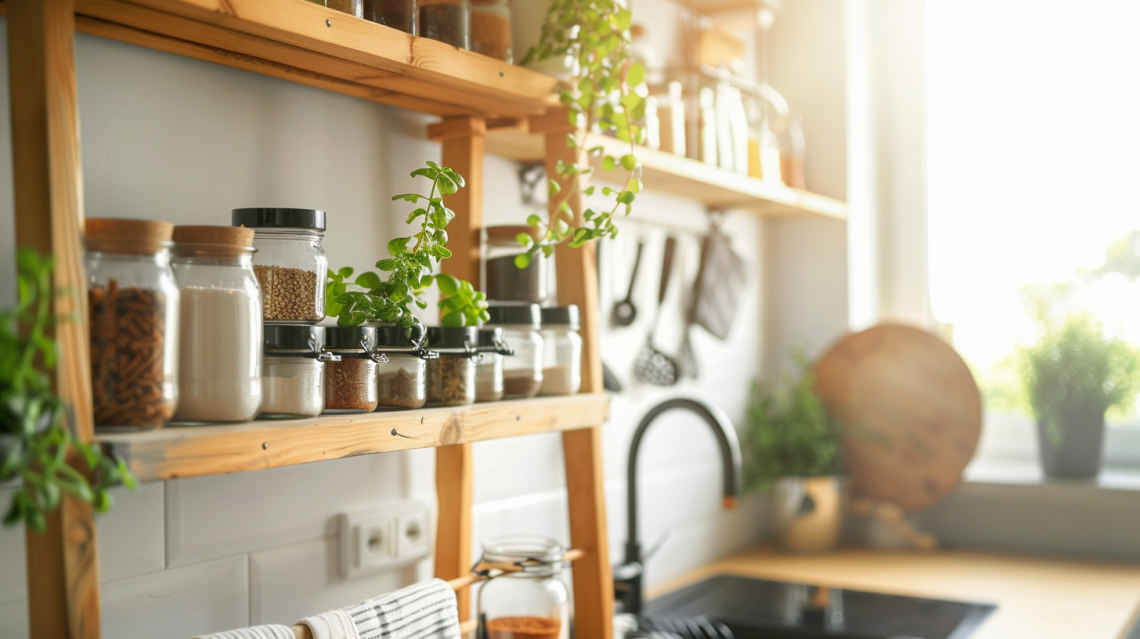 Cozy kitchen with organized shelves.
