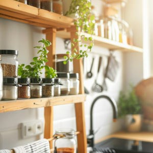 Cozy kitchen with organized shelves.