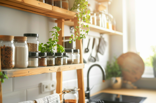 Cozy kitchen with organized shelves.