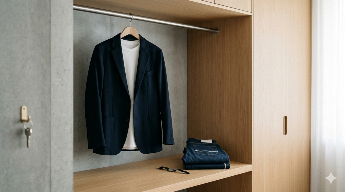 Neatly organized clothing in wardrobe