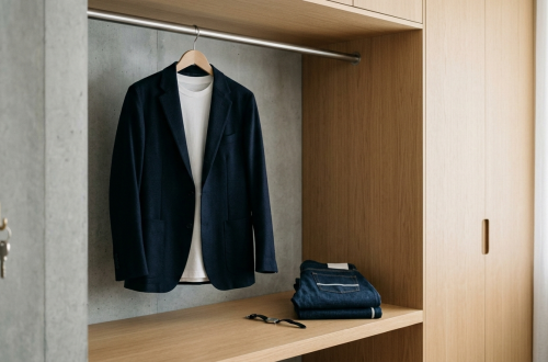 Neatly organized clothing in wardrobe