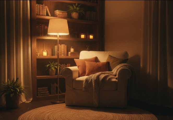 🙋 Frequently Asked Questions (FAQ) Q: Does changing light bulbs really reduce stress? A: Absolutely. Lighting directly affects your circadian rhythm. Harsh "cool white" or blue light suppresses melatonin production, keeping your brain in a high-alert state. Switching to warm 2700K bulbs mimics the evening sun, signaling your nervous system to downshift and start the relaxation process. Q: What is the most affordable way to make a room feel "cozy" instantly? A: Beyond lighting, the "Textural Layering" technique is the cheapest fix. Draping a soft, chunky knit blanket over a structured chair or adding a high-pile rug softens the visual lines of a room, making it feel more "nest-like" and safe without spending a fortune on new furniture. Q: Can scents actually improve my home’s comfort level? A: Yes. Your olfactory system is directly linked to the limbic system, which controls emotions and memory. Using specific scents like lavender for sleep or citrus for focus creates "sensory anchors." This helps your brain recognize that it’s time to relax the moment you walk through the door. Q: Do I need to buy expensive acoustic panels to reduce room echo? A: Not at all. Standard home decor like heavy curtains, open bookshelves, and even large indoor plants act as natural sound diffusers. These items break up sound waves and absorb "noise bounce," making your living space feel much quieter and more private.