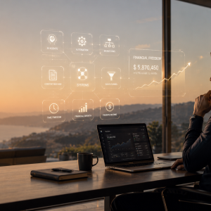 Man working with futuristic financial interface
