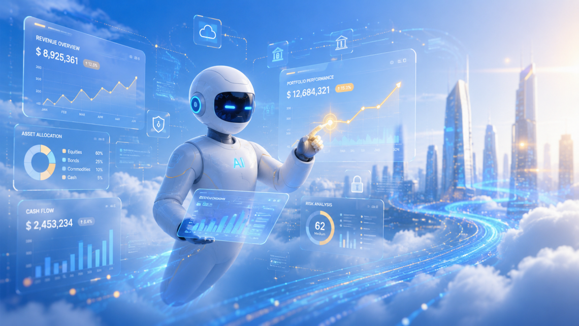 Futuristic robot analyzing financial data.