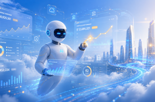 Futuristic robot analyzing financial data.