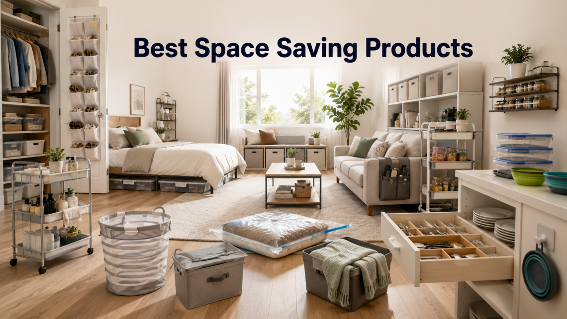 Organized room with space-saving solutions
