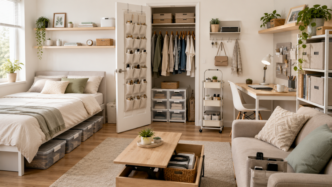 Cozy, organized bedroom and workspace.