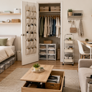Cozy, organized bedroom and workspace.